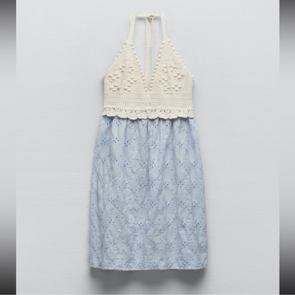 Zara Combination Embroidered Dress Cream & Blue NWT - Picture 3 of 7